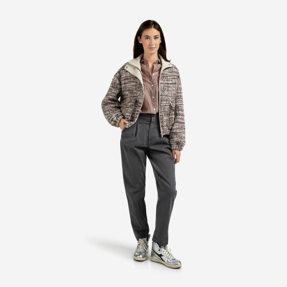 Bouclé Jacket with Fringes and Stand-Up Collar