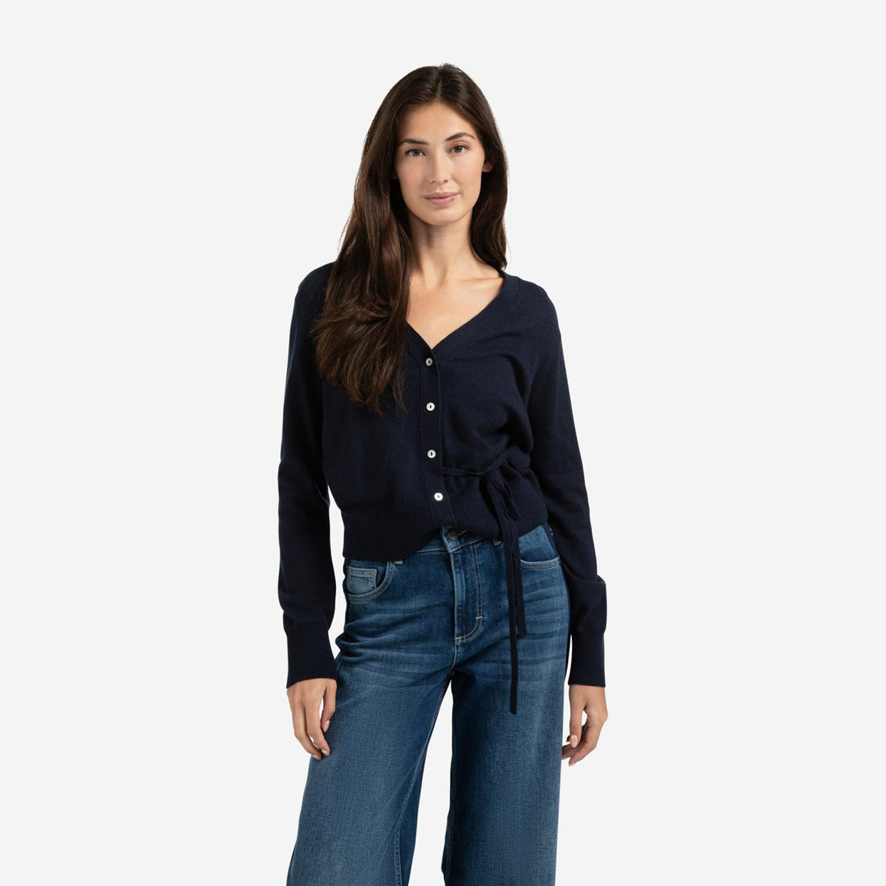 Cardigan with V-Neck & Tie Waist - Inkwell Blue
