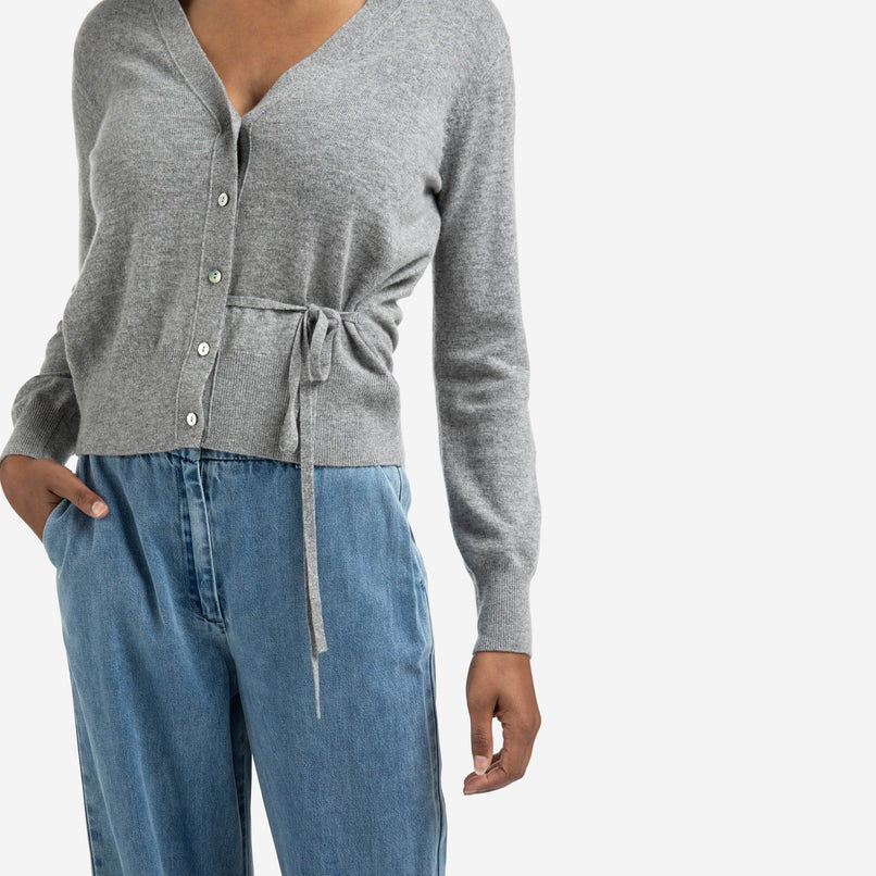 Cardigan with V-Neck & Tie Waist - Medium Grey Melange