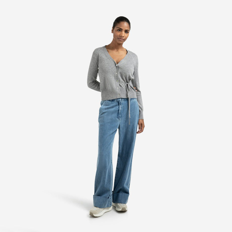 Cardigan with V-Neck & Tie Waist - Medium Grey Melange