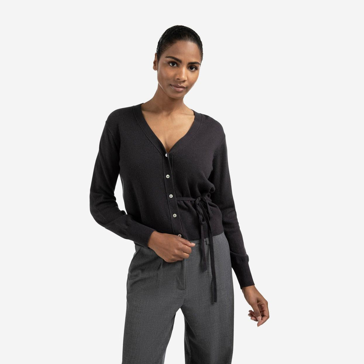 Cardigan with V-Neck & Tie Waist - Oyster Black