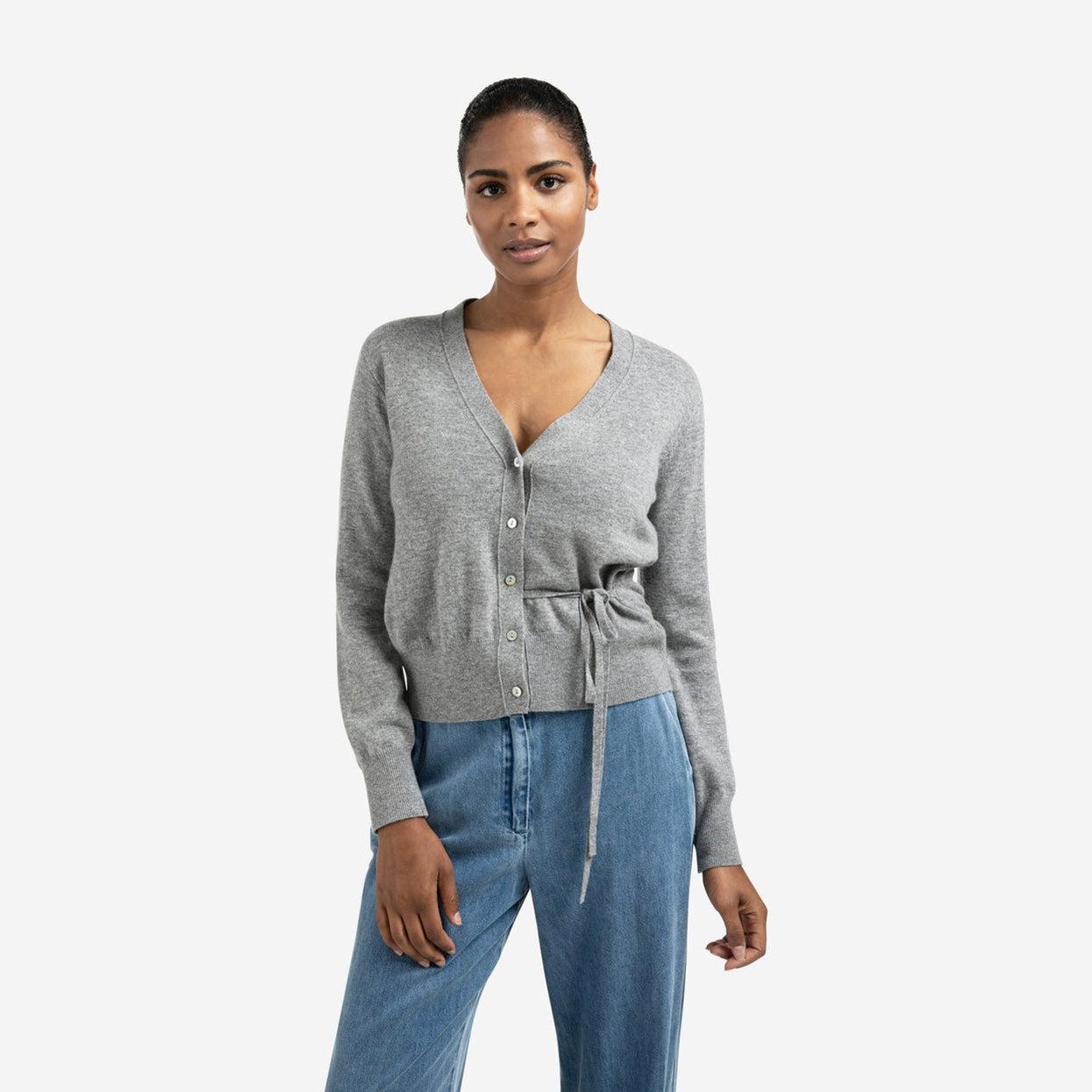 Cardigan with V-Neck & Tie Waist - Medium Grey Melange