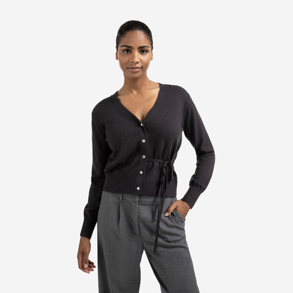 Cardigan with V-Neck & Tie Waist - Oyster Black
