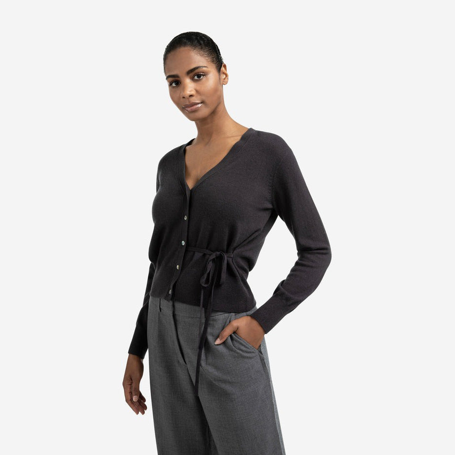 Cardigan with V-Neck & Tie Waist - Oyster Black