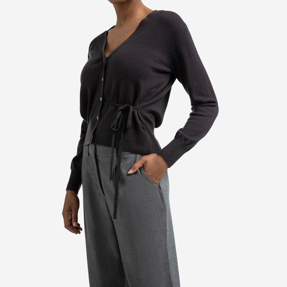 Cardigan with V-Neck & Tie Waist - Oyster Black