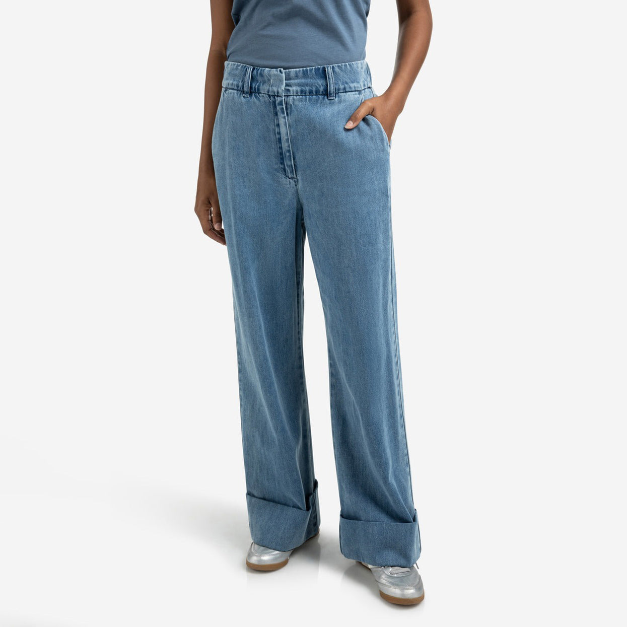 Denim Trousers with Turned-Up Hem