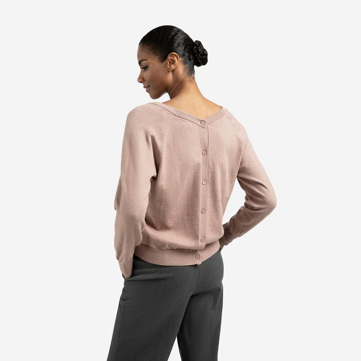 Double V-Neck Sweater with Back Button Detail - Blush Pink