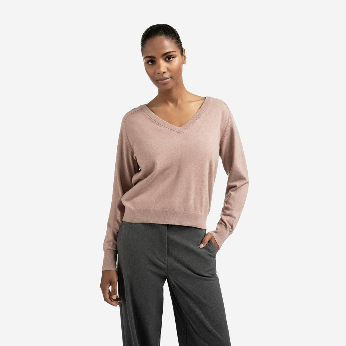 Double V-Neck Sweater with Back Button Detail - Blush Pink
