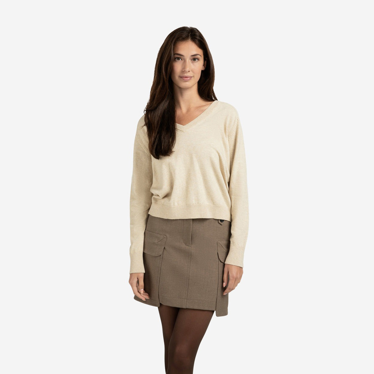 Double V-Neck Sweater with Back Button Detail - Yellow Sand Beige