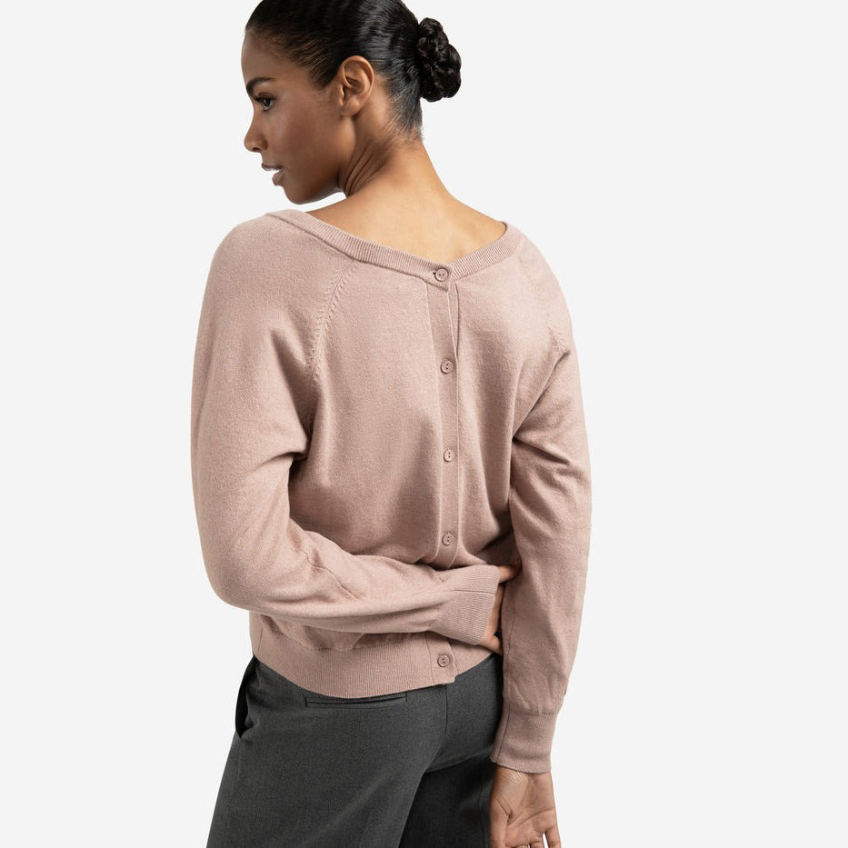 Double V-Neck Sweater with Back Button Detail - Blush Pink