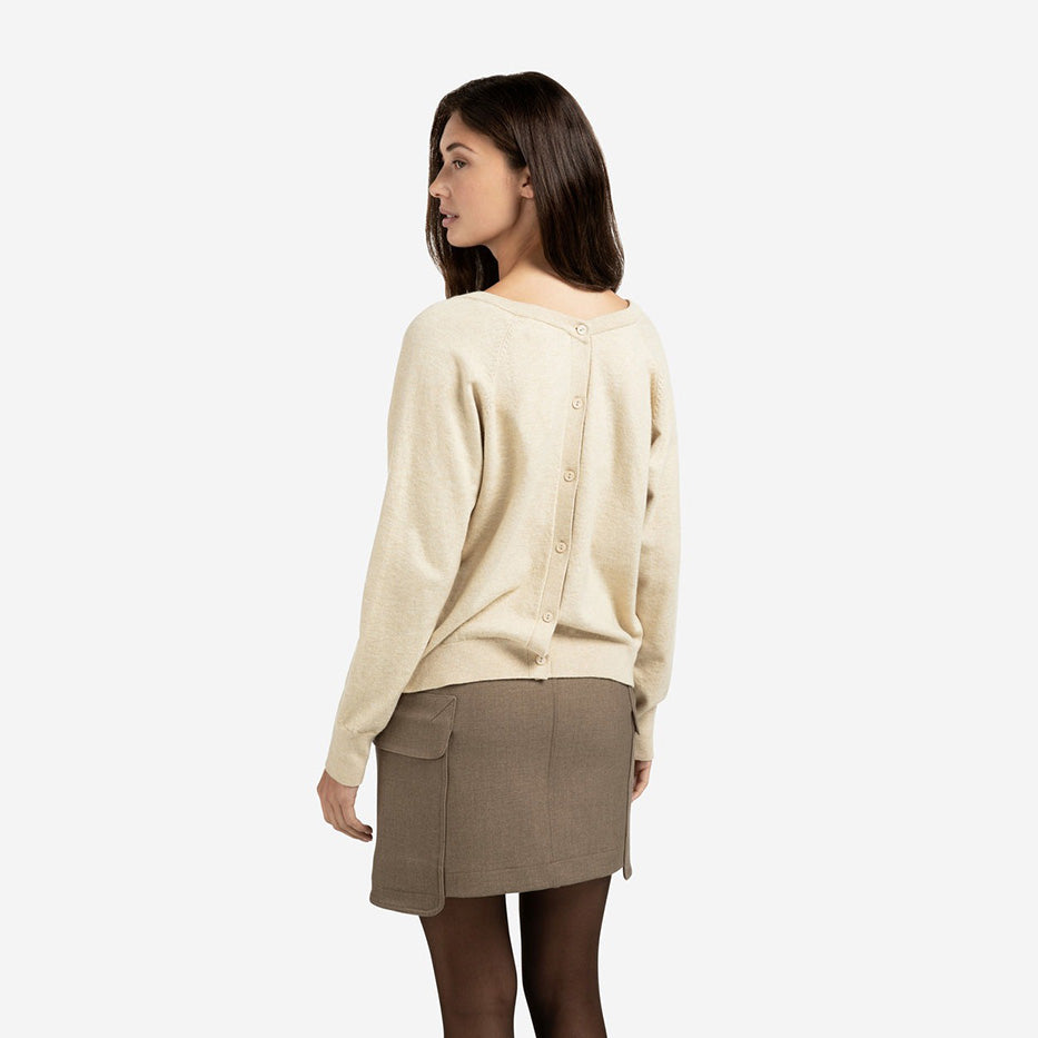 Double V-Neck Sweater with Back Button Detail - Yellow Sand Beige