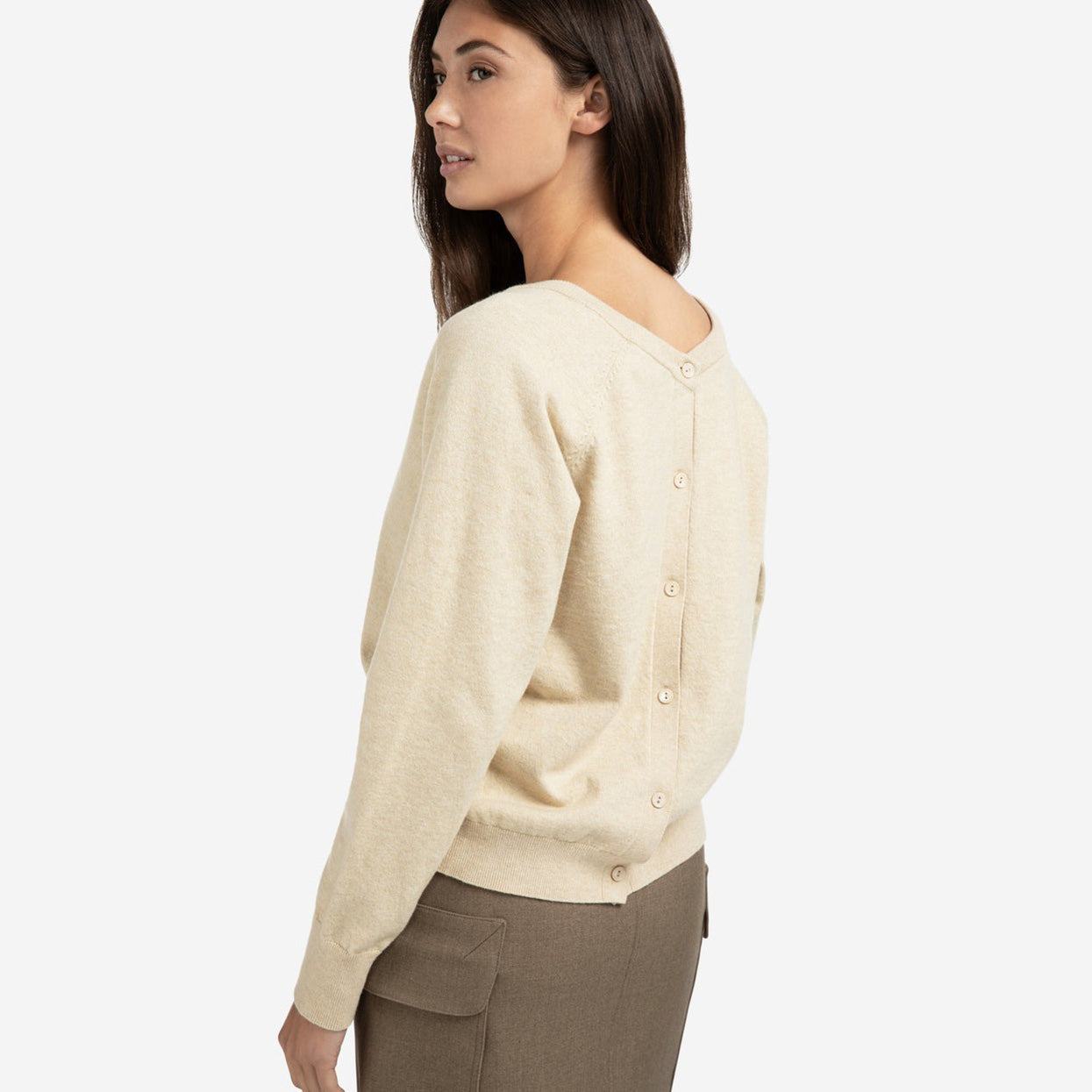 Double V-Neck Sweater with Back Button Detail - Yellow Sand Beige