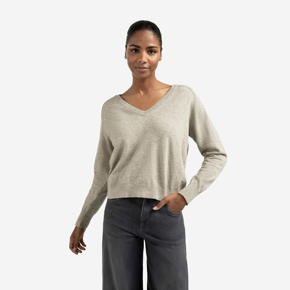 Double V-Neck Sweater with Back Button Detail - Brownish Grey