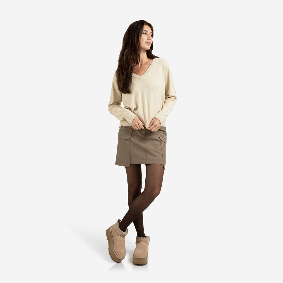 Double V-Neck Sweater with Back Button Detail - Yellow Sand Beige