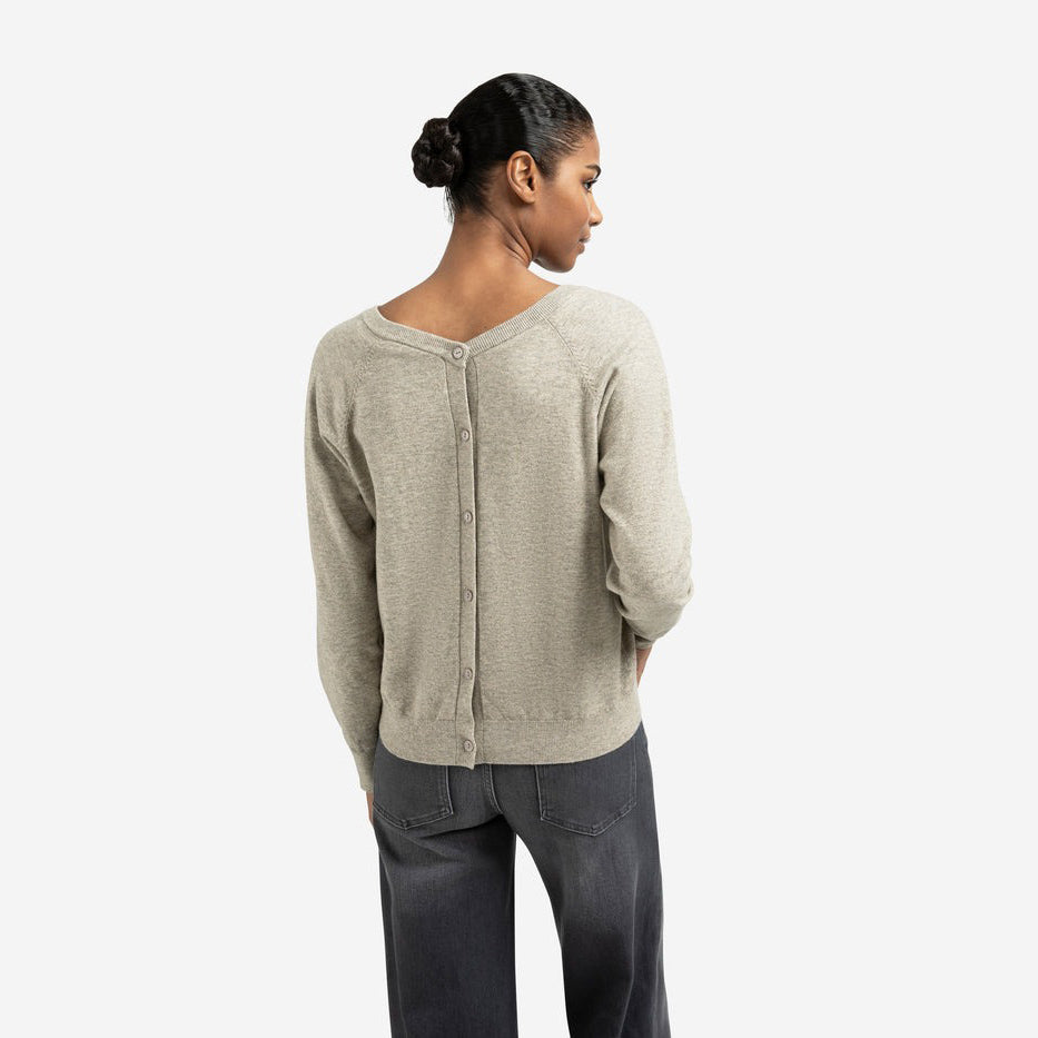 Double V-Neck Sweater with Back Button Detail - Brownish Grey