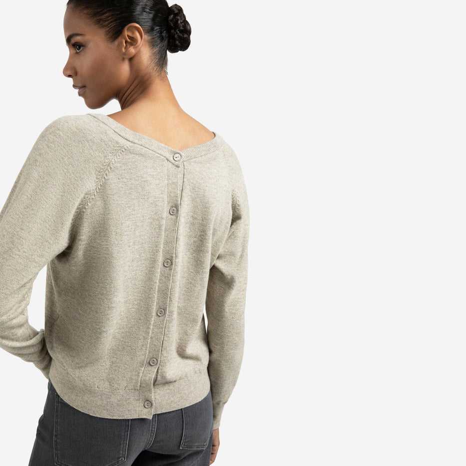 Double V-Neck Sweater with Back Button Detail - Brownish Grey