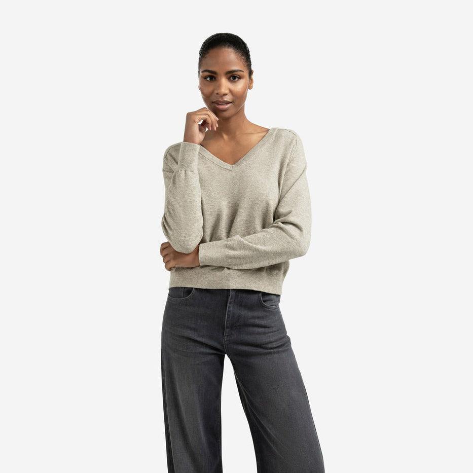 Double V-Neck Sweater with Back Button Detail - Brownish Grey