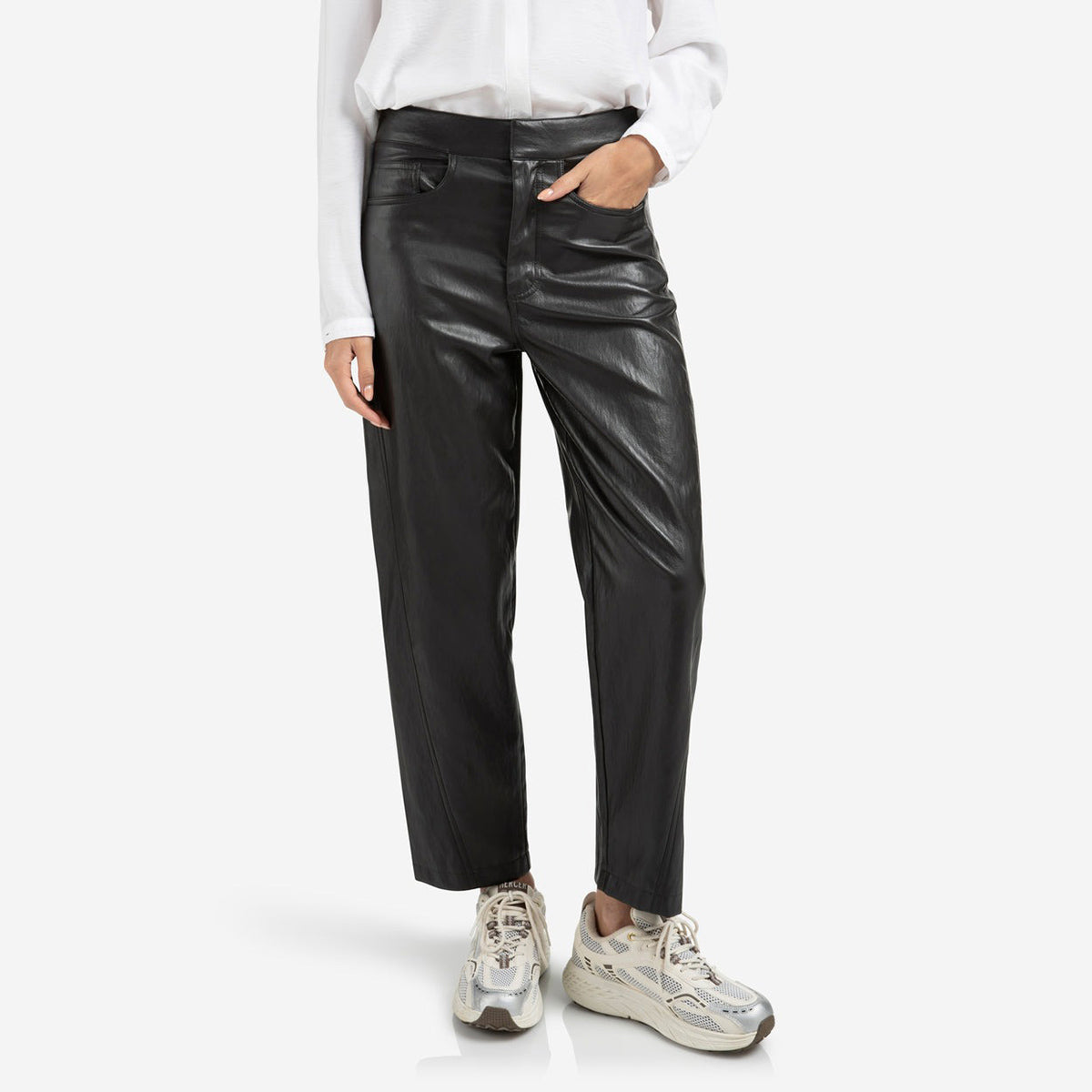 Faux Leather Trousers with Seam Details - Anthracite Brown