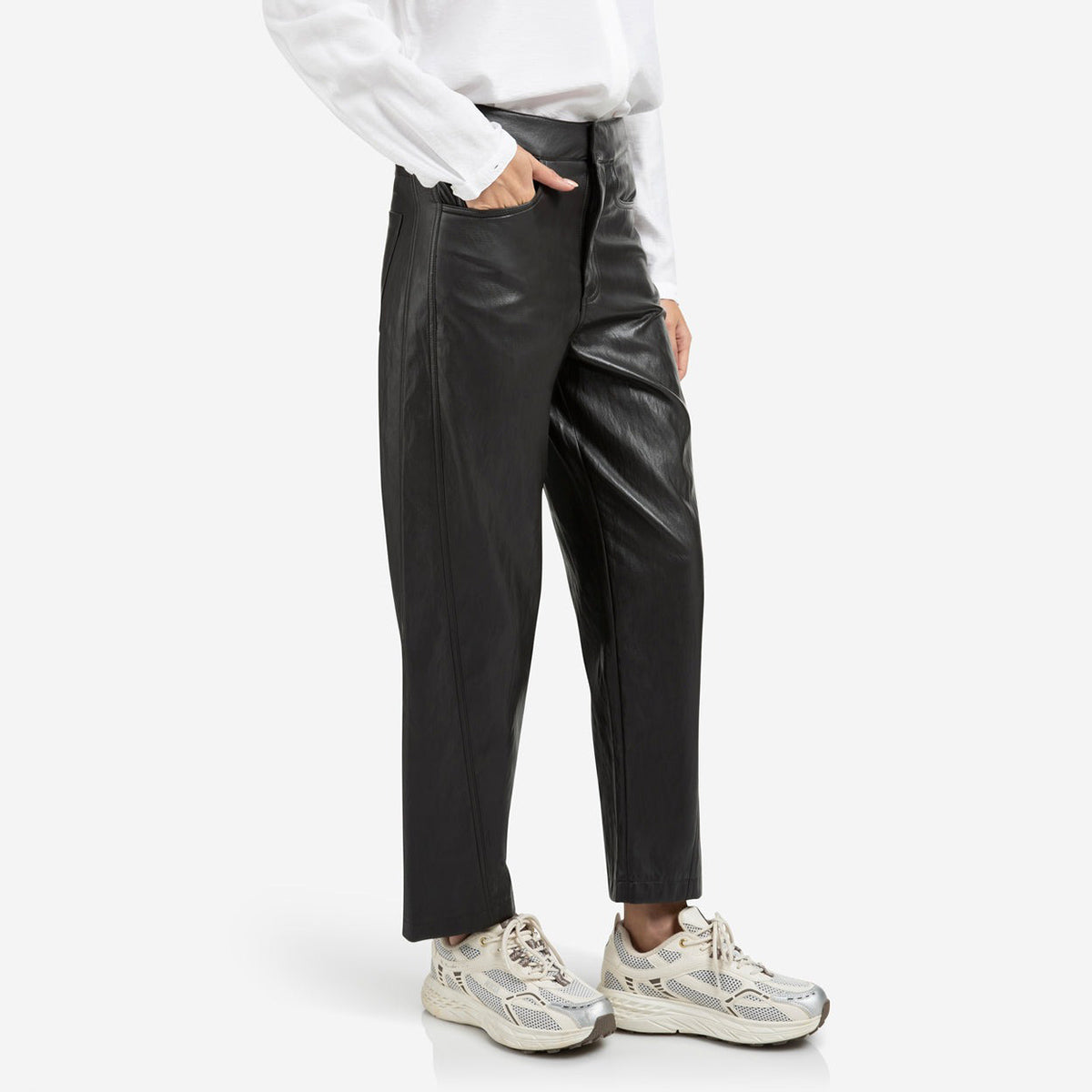 Faux Leather Trousers with Seam Details - Anthracite Brown