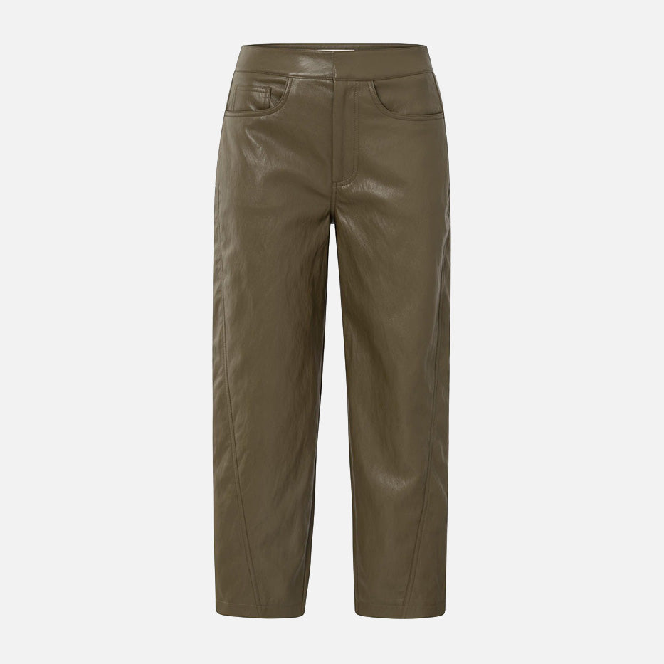 Faux Leather Trousers with Seam Details - Capers Brownish