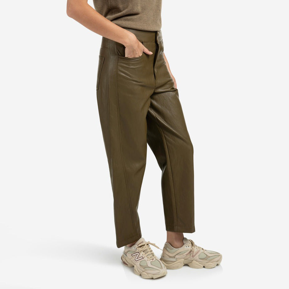Faux Leather Trousers with Seam Details - Capers Brownish