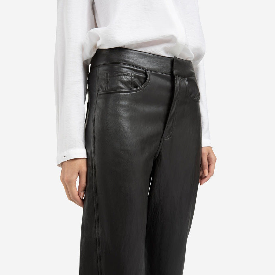 Faux Leather Trousers with Seam Details - Anthracite Brown