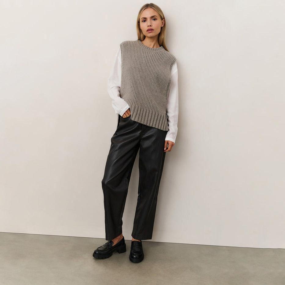 Faux Leather Trousers with Seam Details - Anthracite Brown