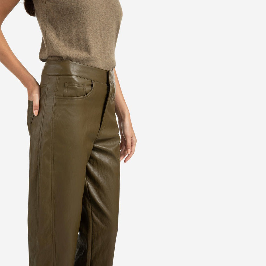 Faux Leather Trousers with Seam Details - Capers Brownish