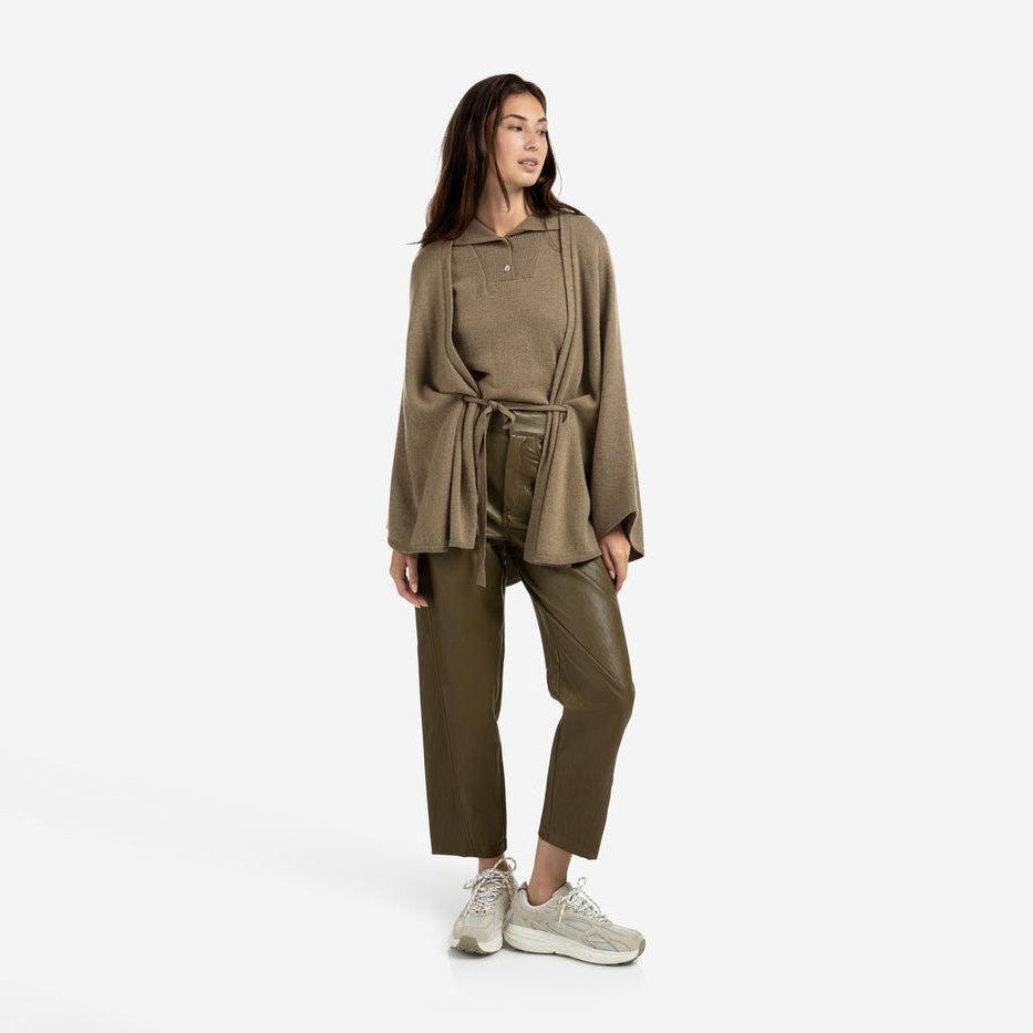 Faux Leather Trousers with Seam Details - Capers Brownish