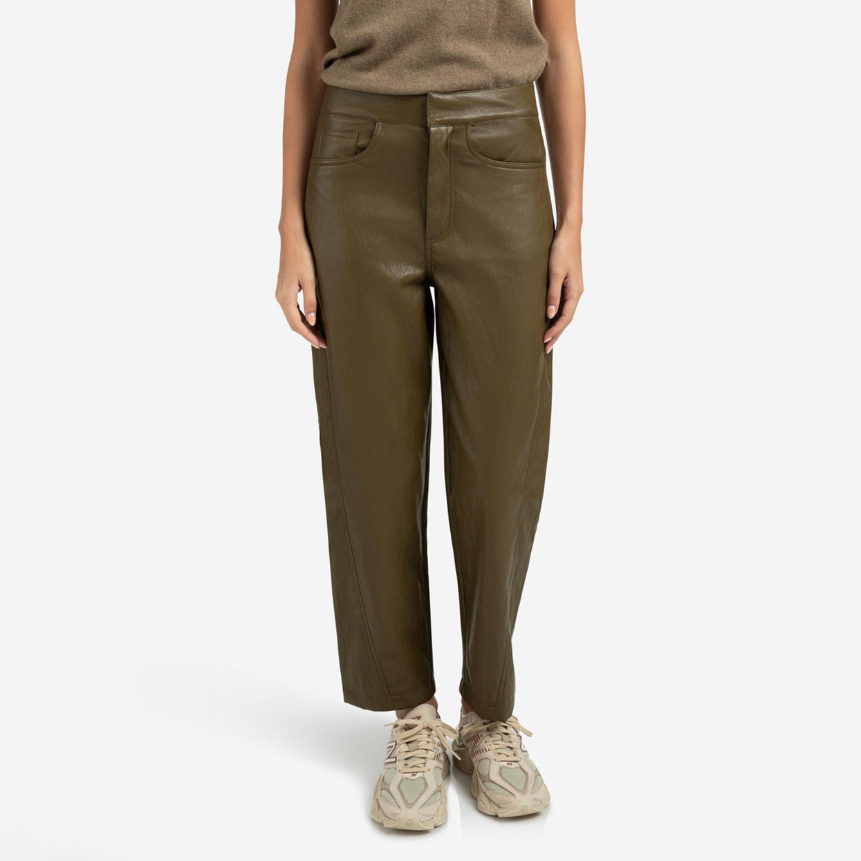 Faux Leather Trousers with Seam Details - Capers Brownish