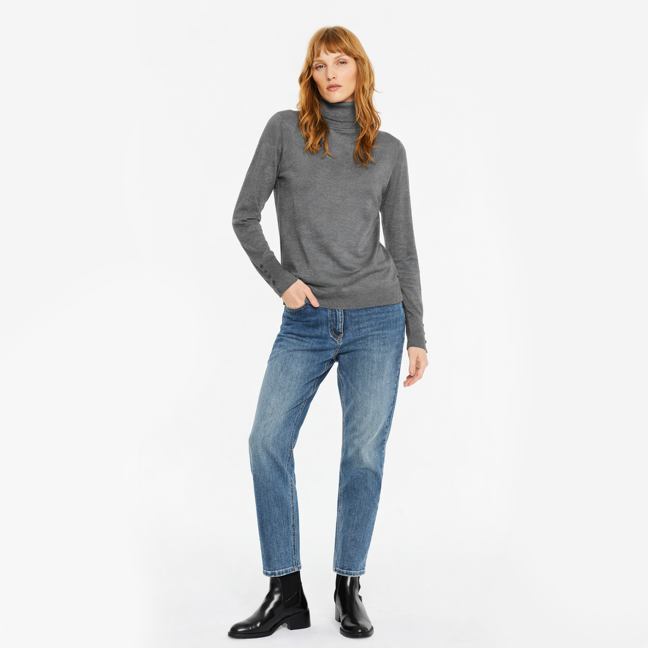 Fine Knit Turtleneck Sweater - Grey