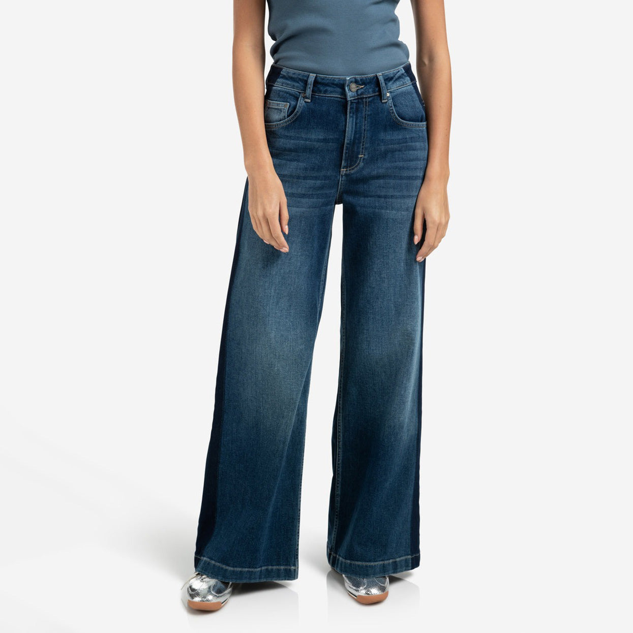 High-Waist, Wide-Leg Jeans with Tape Detail
