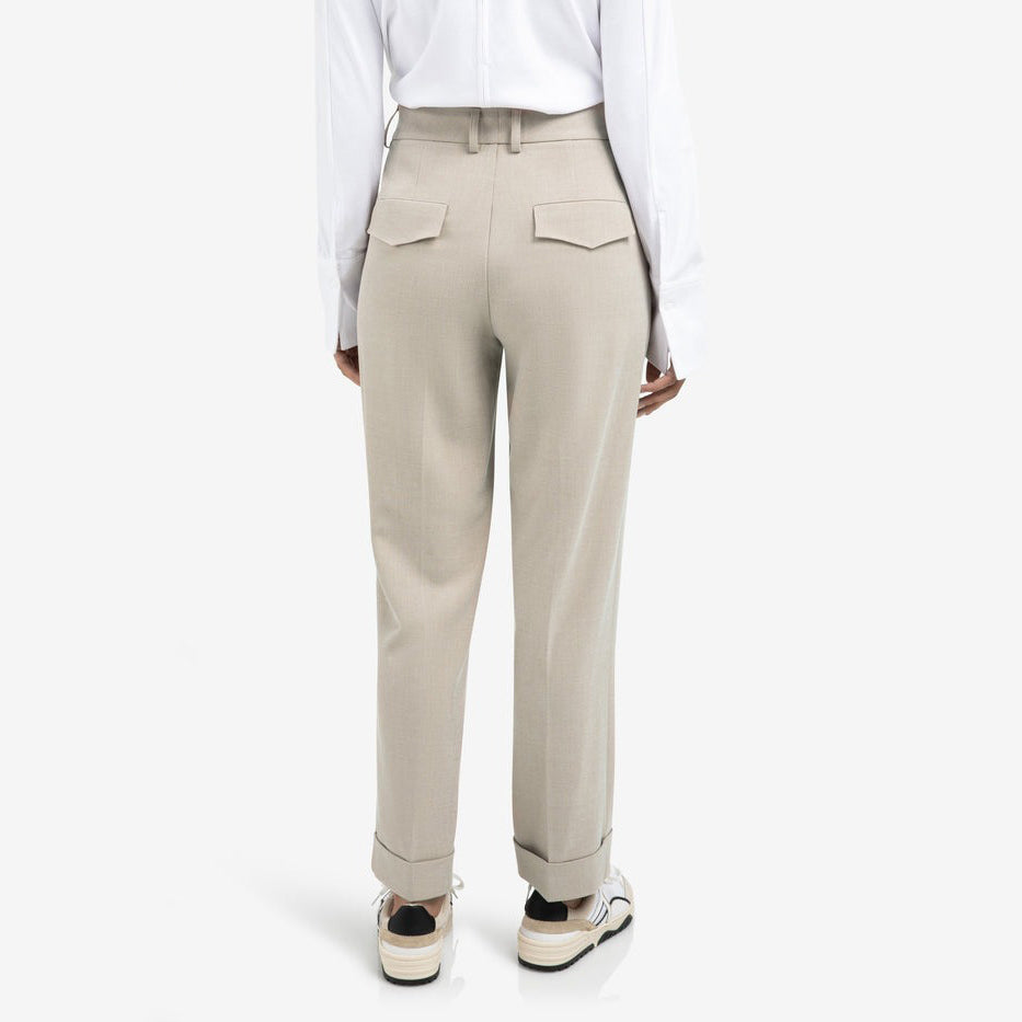 High Waist Tailored Trousers with Turn-Ups - Sand Melange