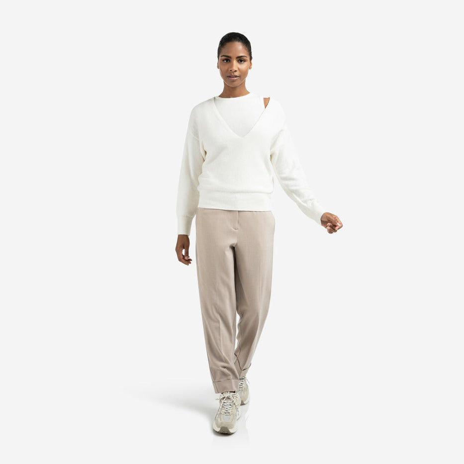 High Waist Tailored Trousers with Turn-Ups - Sand Melange