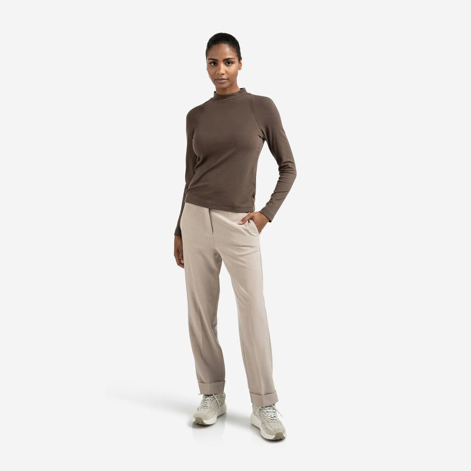 High Waist Tailored Trousers with Turn-Ups - Sand Melange