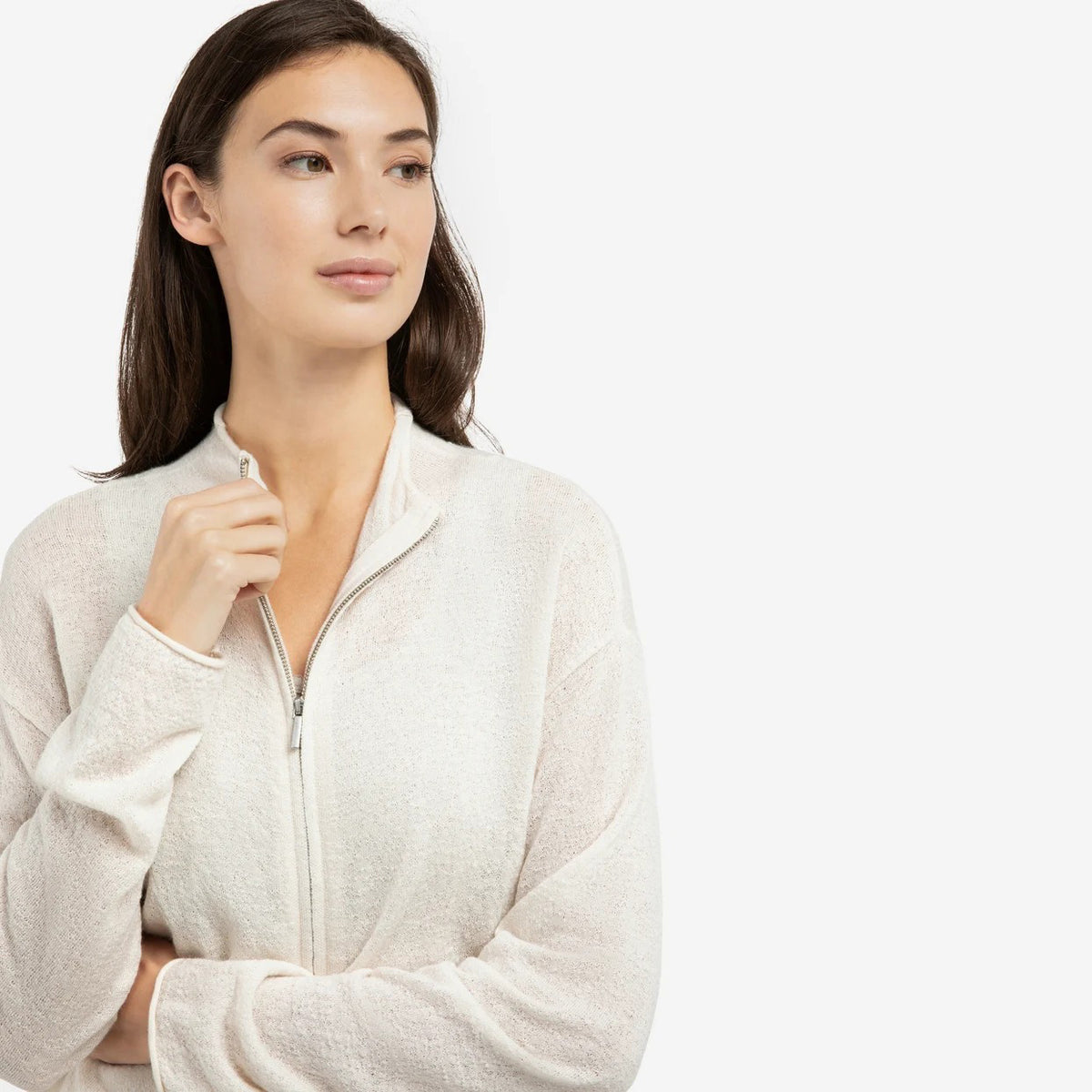 Knitted Cardigan with High Neck and Zipper - Kit Beige