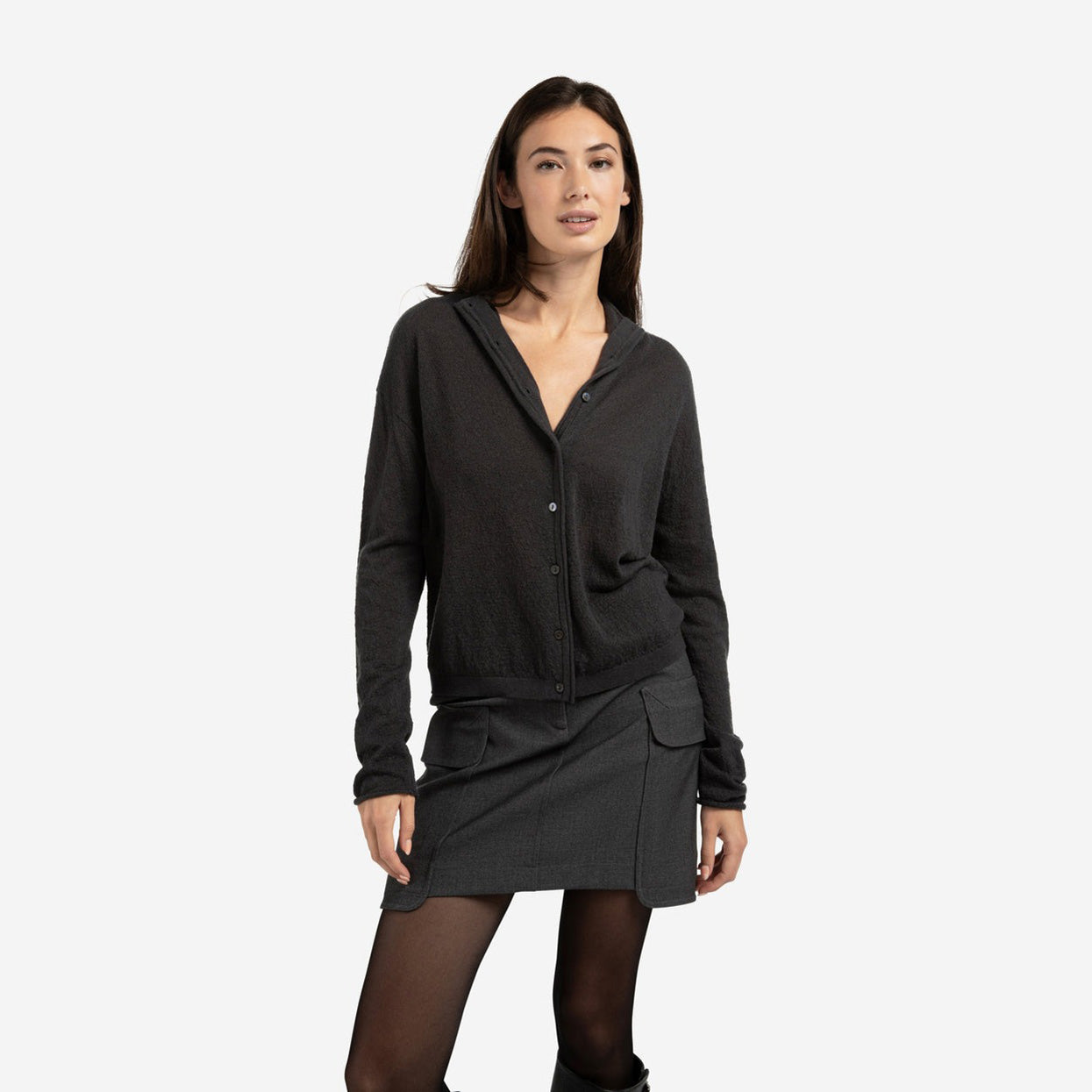 Knitted Cardigan with High Neckline - Oyster Black