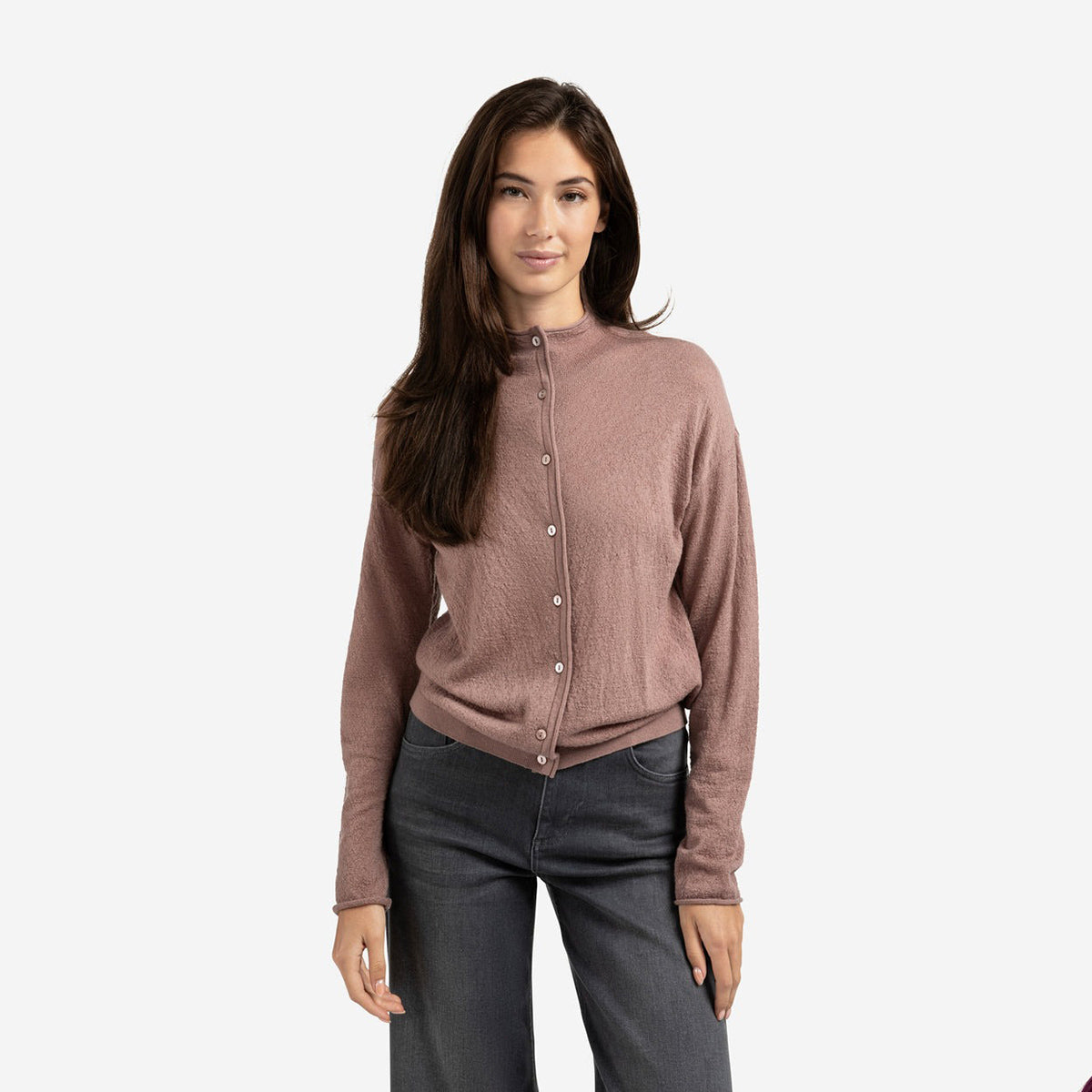 Knitted Cardigan with High Neckline - Blush Pink