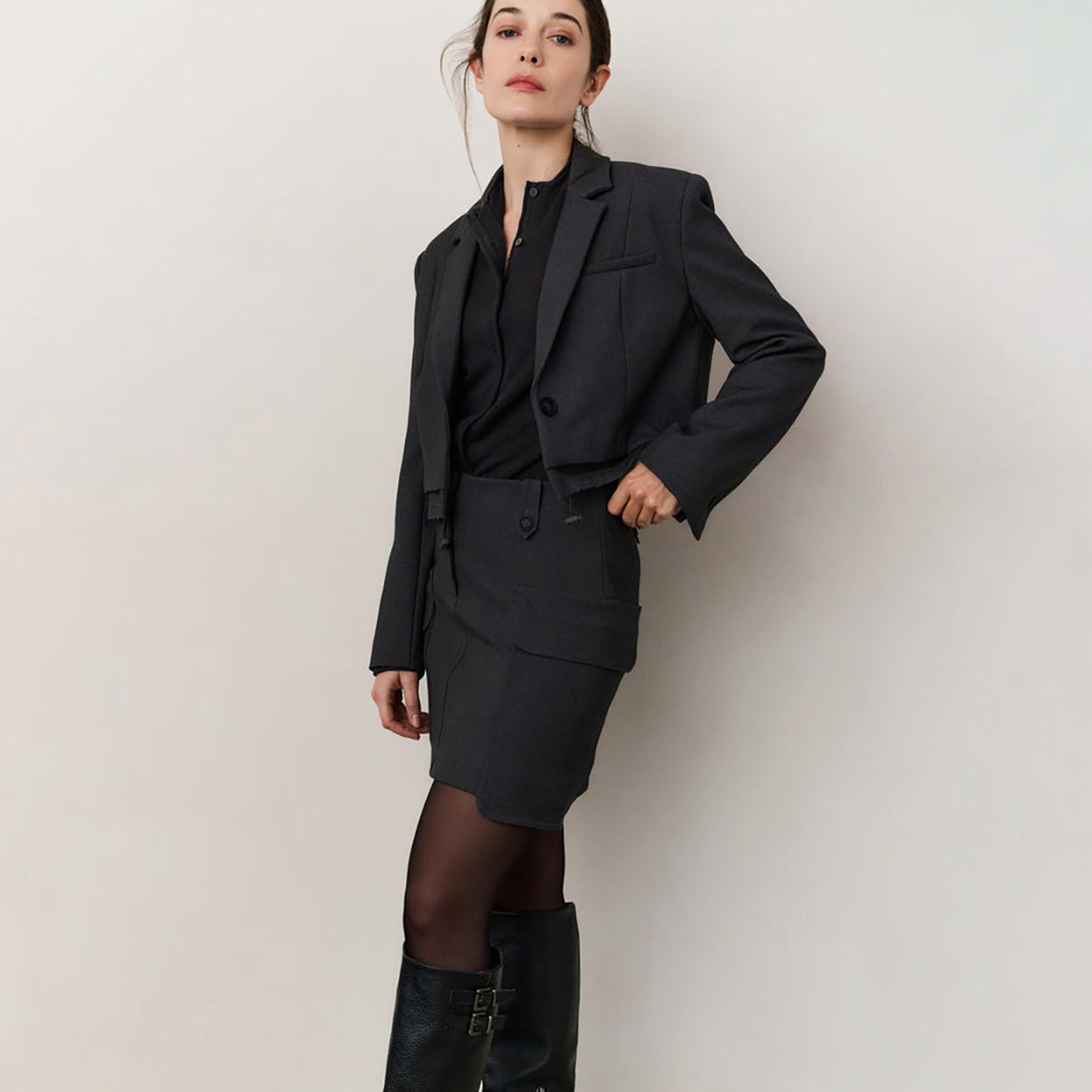 Knitted Cardigan with High Neckline - Oyster Black
