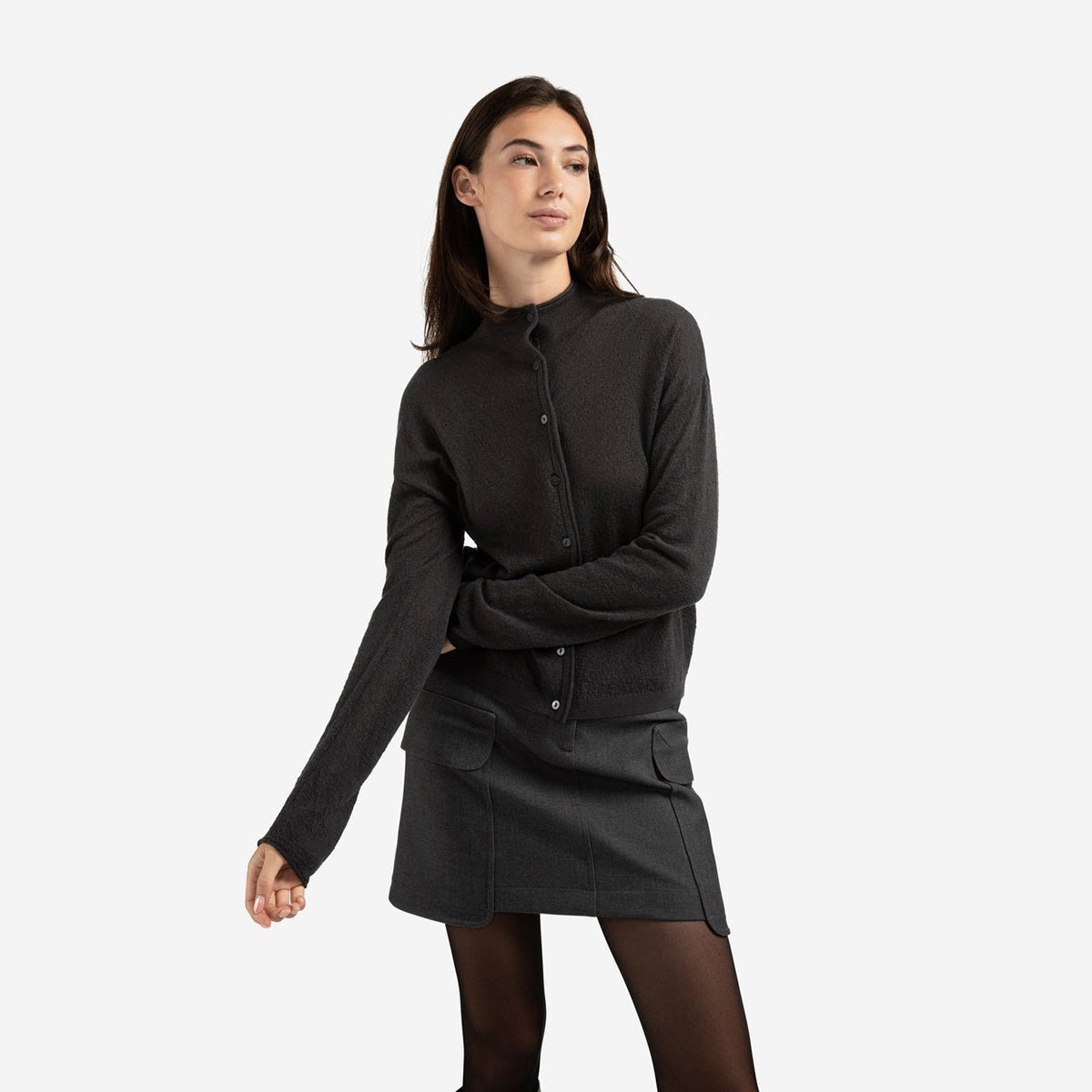 Knitted Cardigan with High Neckline - Oyster Black