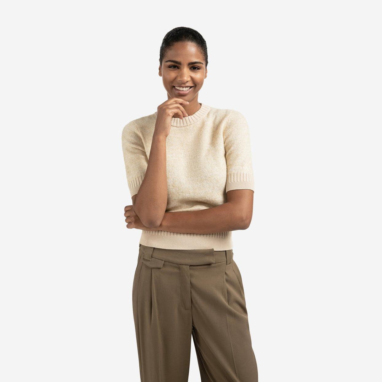 Knitted Short Sleeve Sweater with Double Rib Details