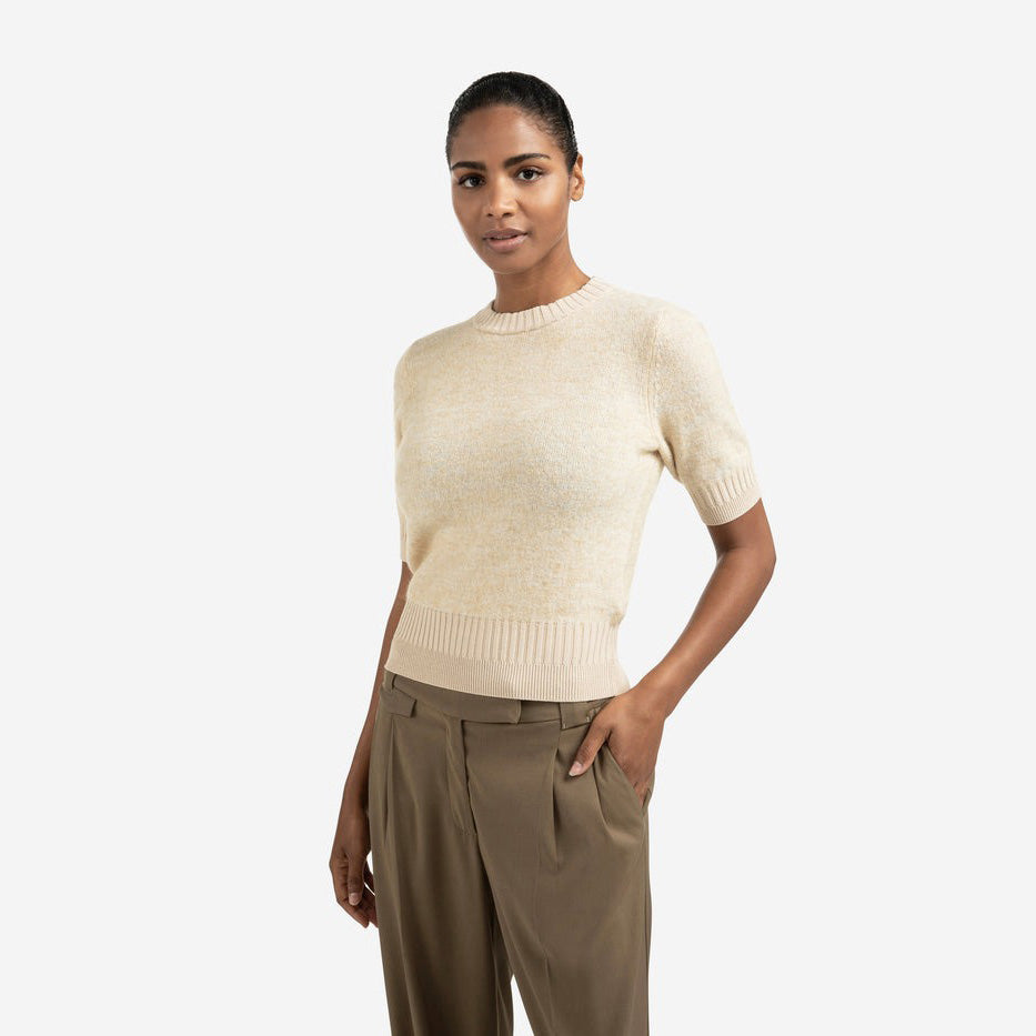 Knitted Short Sleeve Sweater with Double Rib Details