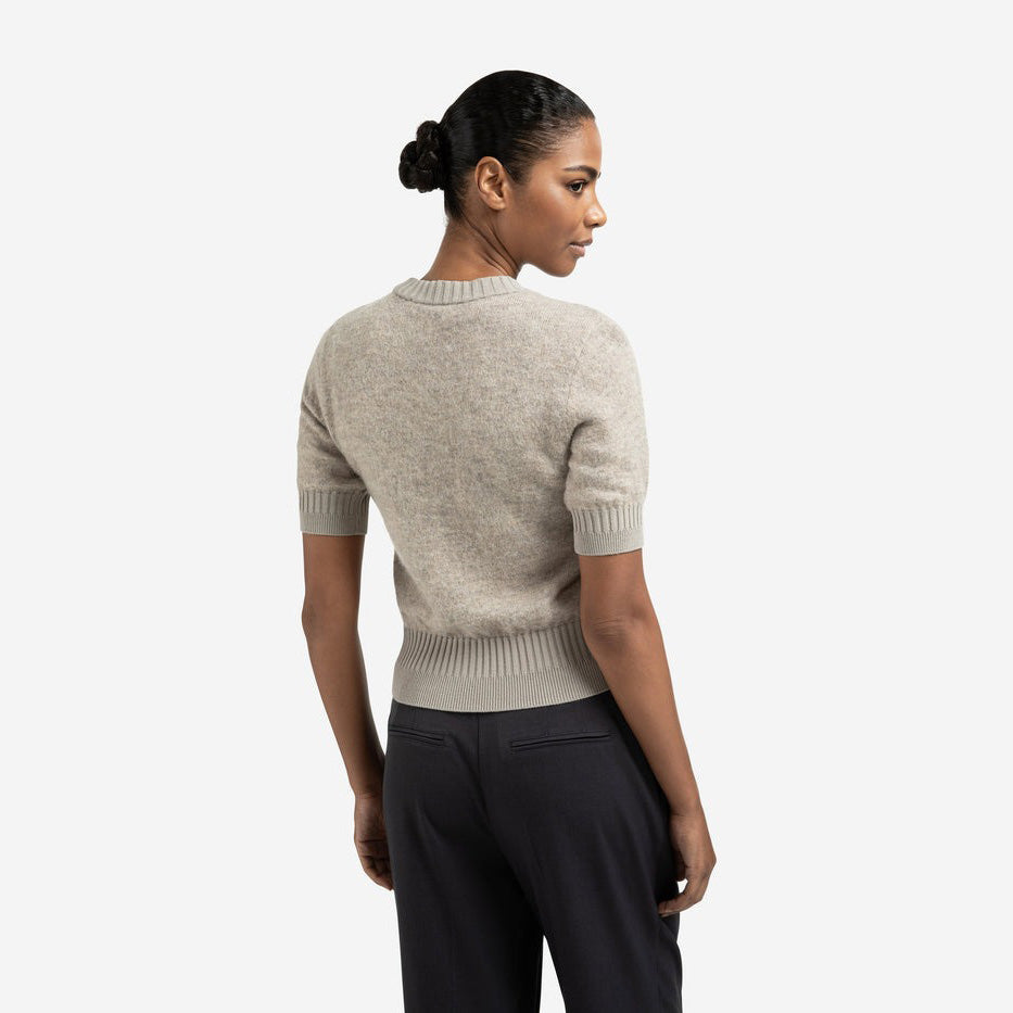 Knitted Short Sleeve Sweater with Double Rib Details - Brownish Grey