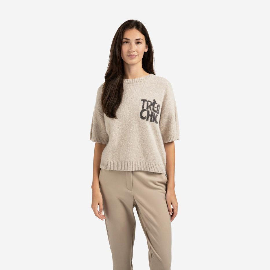 Knitted Short Sleeve Sweater with Artwork - Beige Melange