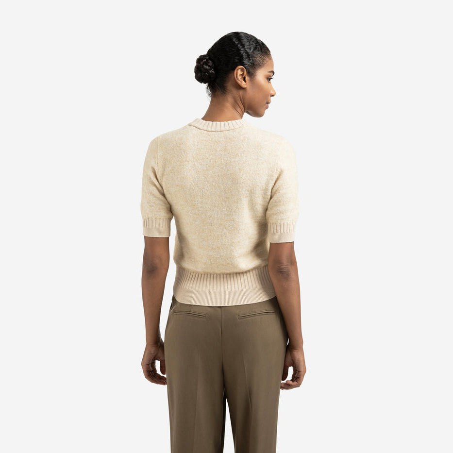 Knitted Short Sleeve Sweater with Double Rib Details