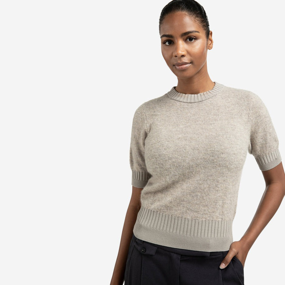 Knitted Short Sleeve Sweater with Double Rib Details - Brownish Grey