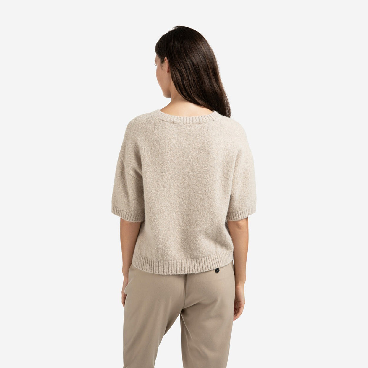 Knitted Short Sleeve Sweater with Artwork - Beige Melange
