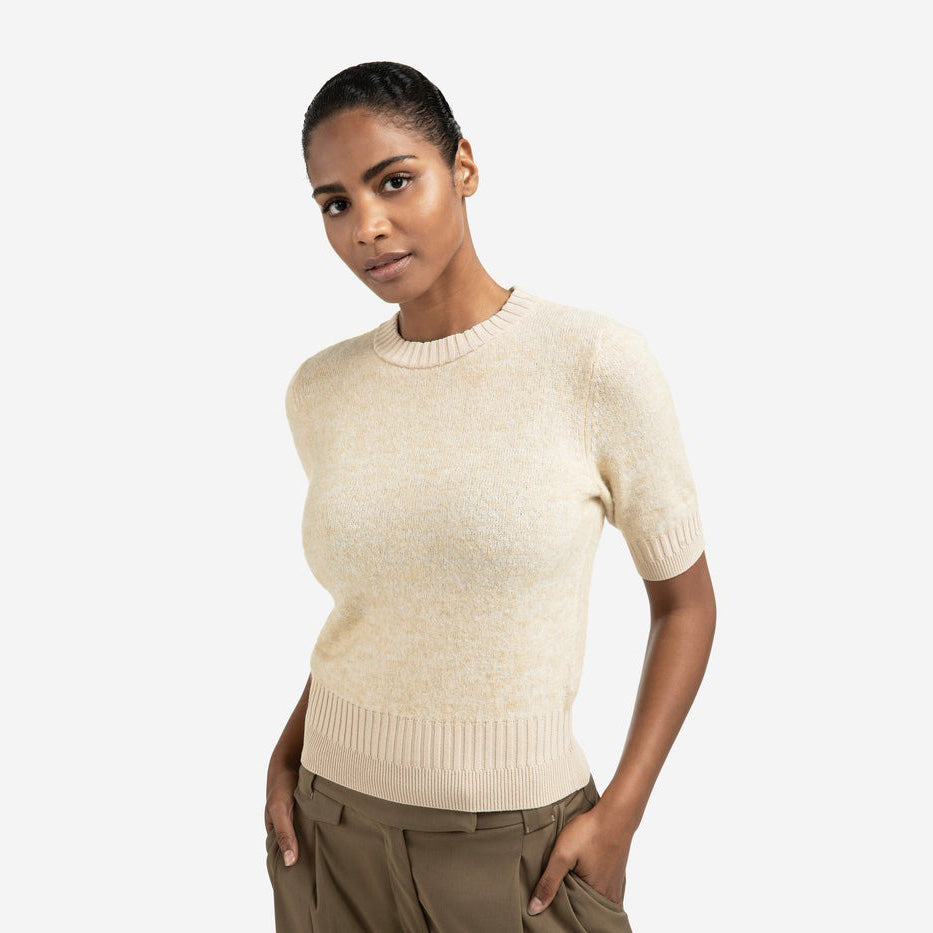 Knitted Short Sleeve Sweater with Double Rib Details