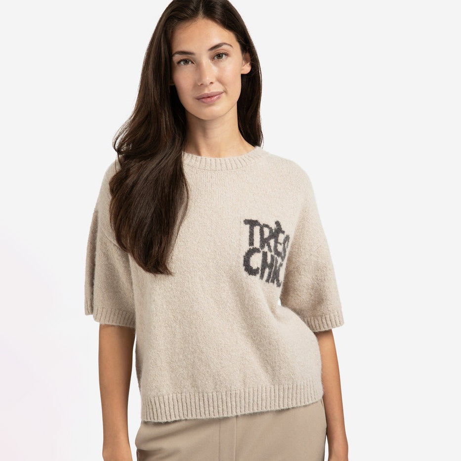 Knitted Short Sleeve Sweater with Artwork - Beige Melange