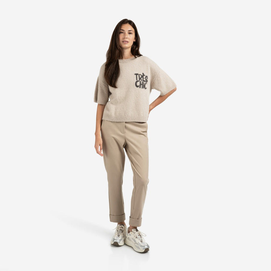 Knitted Short Sleeve Sweater with Artwork - Beige Melange